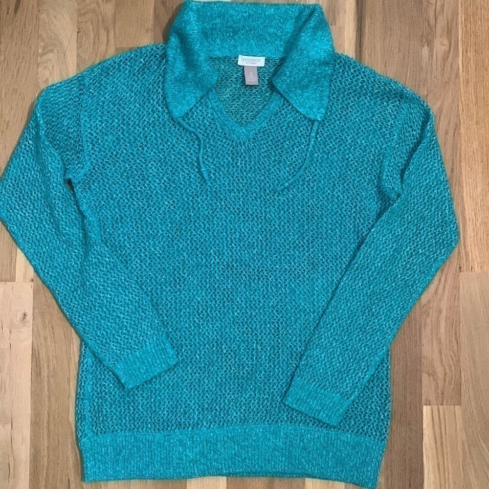 WEEKENDS by Chico’s Open Knit Collared Teal Tunic Women’s